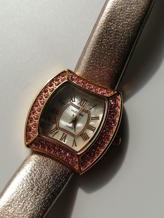 Hudson Jeans Accessories - Hudson Analog Wristwatch Goldtone Tonneau Case Pink Crystal Genuine Leather Band